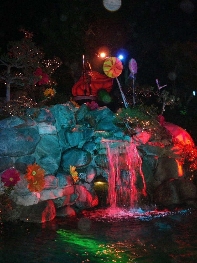 The Playboy Mansion grotto decorated and illuminated for the Kandyland party (2007).