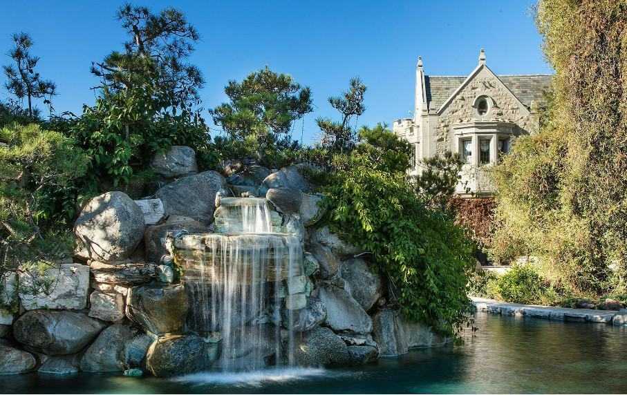 Grotto with waterfall outside the Playboy Mansion. 