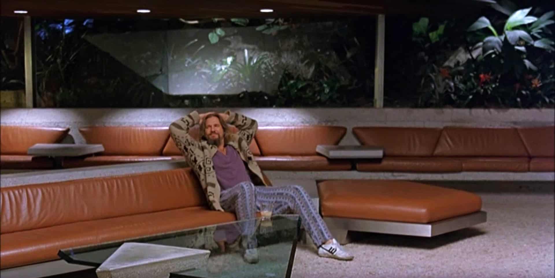 Scene from The Big Lebowski showing Jeff 'The Dude' Lebowski inside Jackie Treehorn's house (The Sheats-Goldstein Residence).