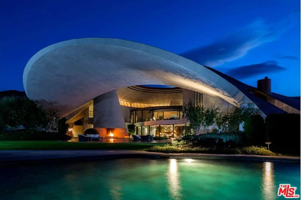 Bob Hope's house in Palm Springs at night. 