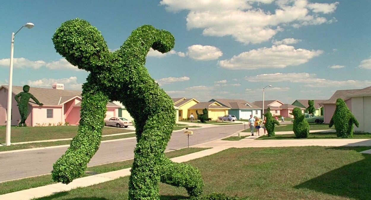 The Edward Scissorhands neighborhood, peppered with creatively trimmed bushes. 