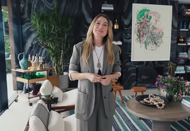 Ellen Pompeo inside her Malibu house, giving Architectural Digest a tour of the stylish abode.