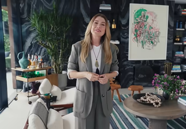 Ellen Pompeo inside her Malibu house, giving Architectural Digest a tour of the stylish abode. 