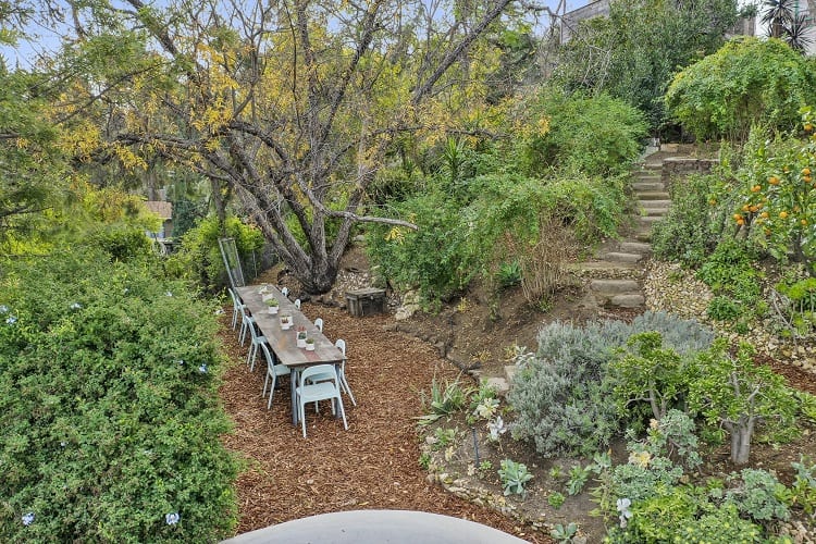 garden of the geodesic dome house called The Domestead