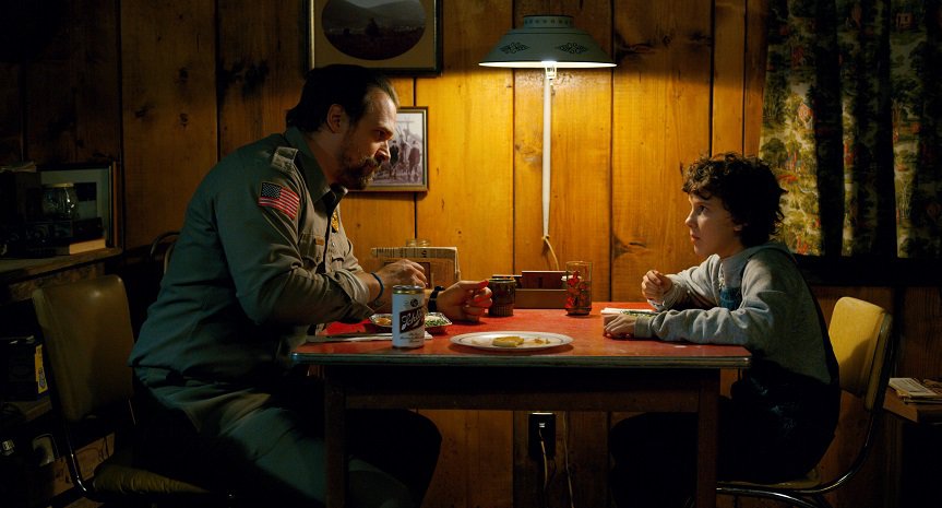 Hopper and Eleven inside Hopper's cabin on Stranger Things