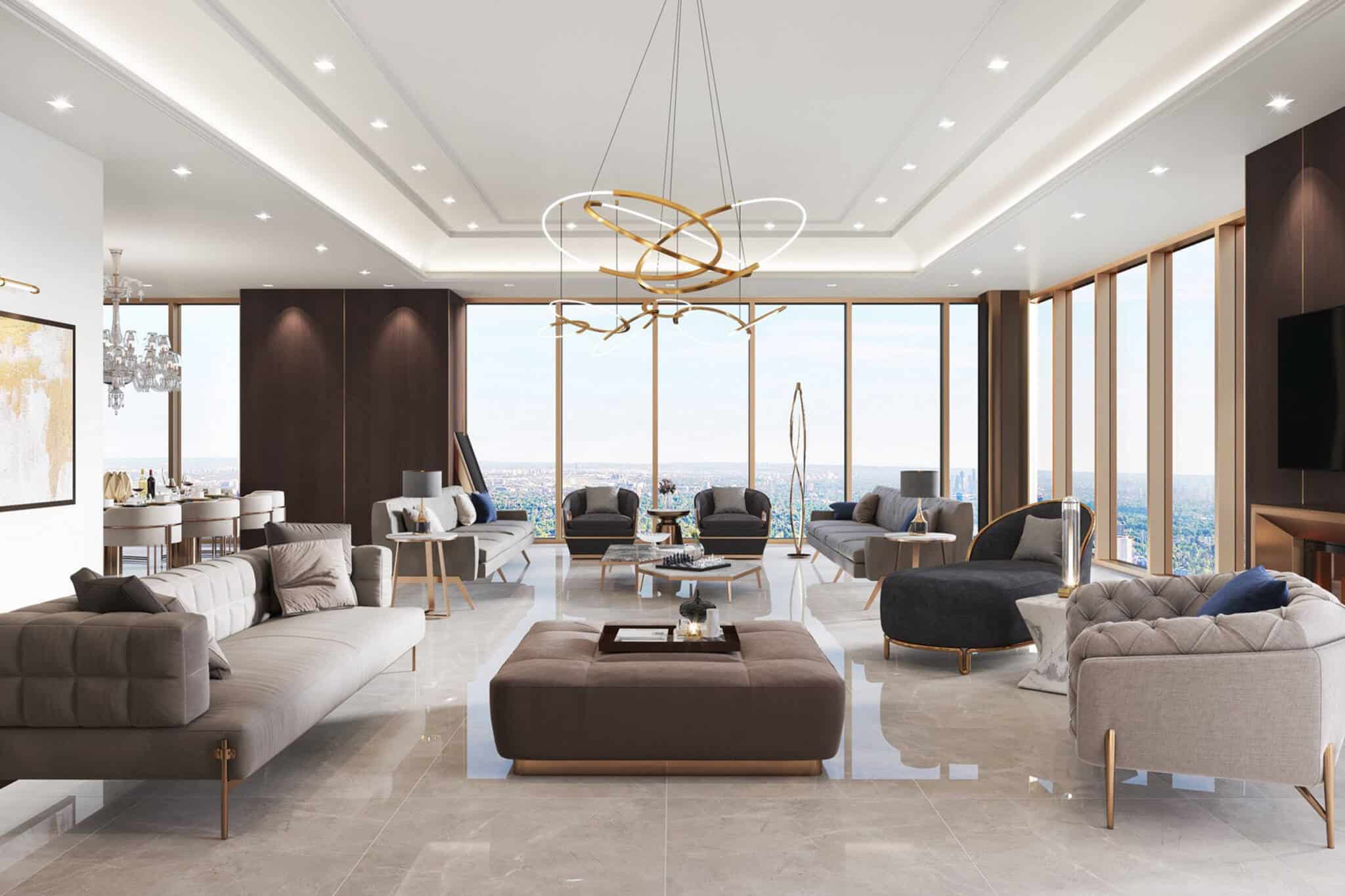 the living room of a luxury condo inside The One building in Toronto