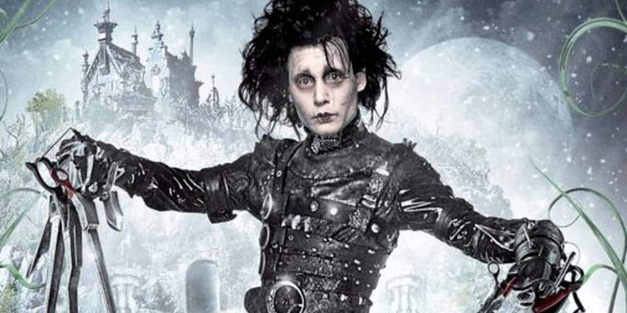 Johnny Depp as Edward Scissorhands on the movie poster, with the castle in the background