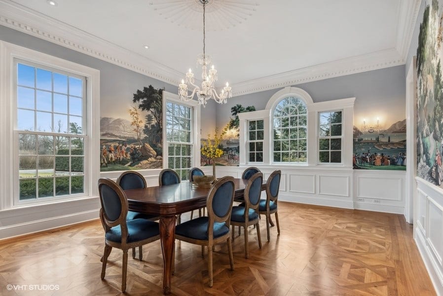 luxury dining room with intricate wallpaper