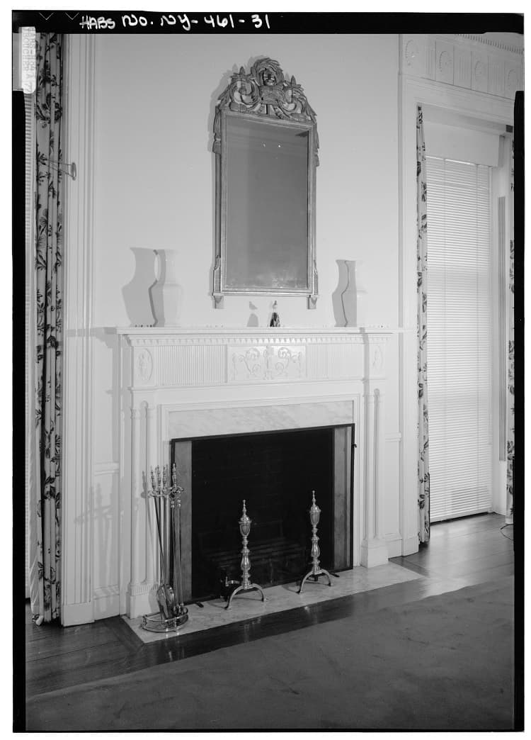 black-and-white photo of the fireplace inside Gracie Mansion, next to which Alexander Hamilton died.
