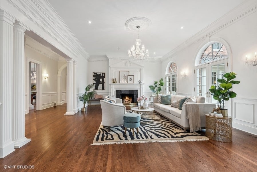 bright, large living room with fireplace