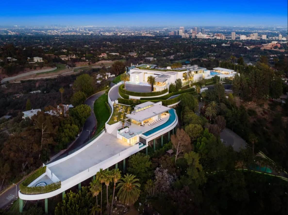 the one mansion in bel air, seen from above with the city of los angeles in the background