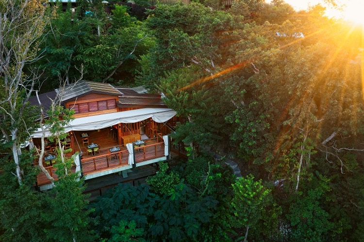 Aerial view of Zing Zing restaurant at Secret Bay Resort in Dominica.