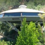 exterior of the circular Chemosphere House in Los Angeles, designed by architect John Lautner