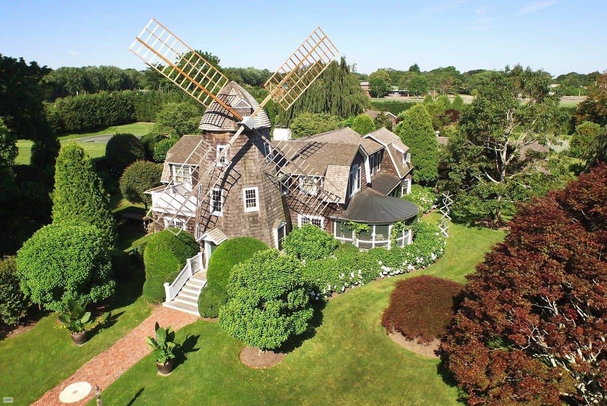 aerial view of Robert Downey Jr's house in the Hamptons with a windmill on top