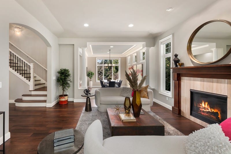 living room with fireplace inside Zach LaVine's house in Issaquah, WA