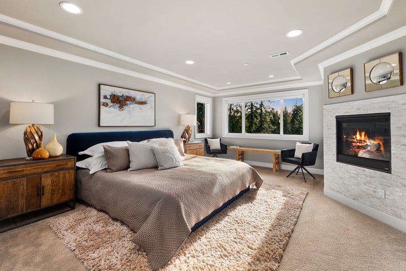 spacious bedroom with fireplace inside Zach LaVine's house in Issaquah, WA