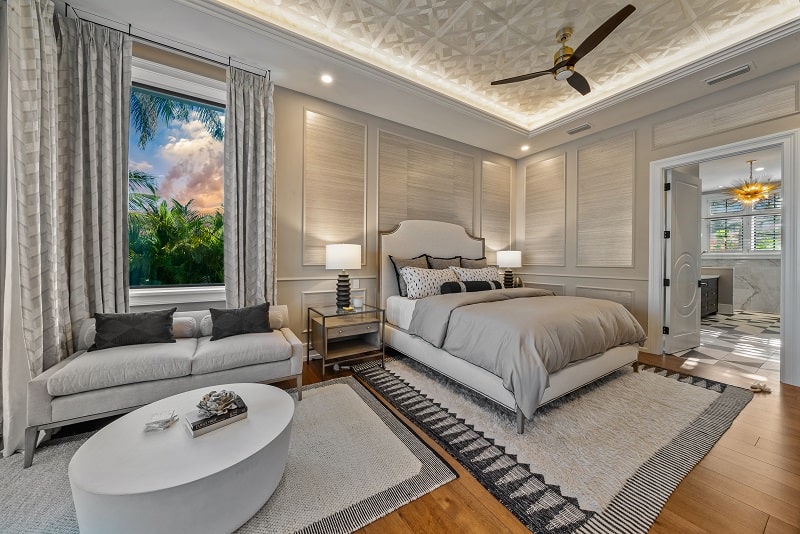 bedroom with grey textiles 