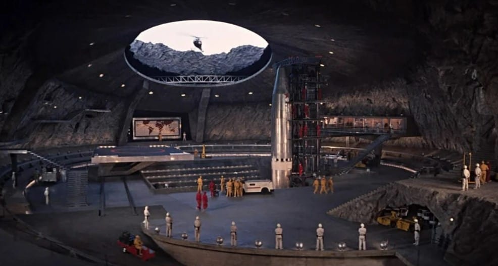 Blofeld’s Volcano Lair with a huge skylight that a helicopter is about to pass through in the James Bond movie You Only Live Twice (1967)