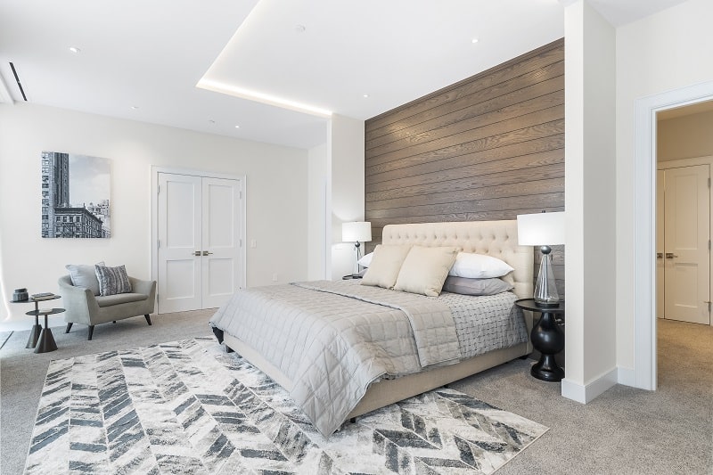 primary bedroom of a luxury apartment at The Phoenix building in Philadelphia