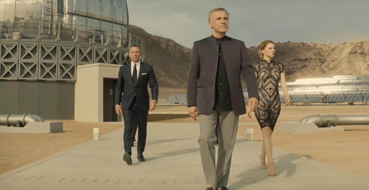 blofeld's base in the 2015 James Bond movie Spectre showing Christoph Waltz as Blofeld and Daniel Craif as James Bond