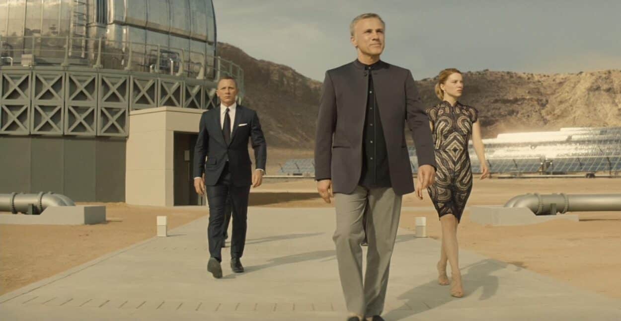 blofeld's base in the 2015 James Bond movie Spectre showing  Christoph Waltz as Blofeld and Daniel Craif as James Bond