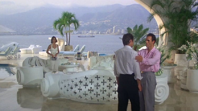 James Bond scene taking place in Franz Sanchez's house in License to Kill, with the ocean in the backdrop