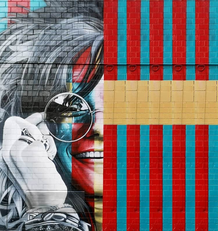 Janis Joplin mural, half covered in red and blue stripes