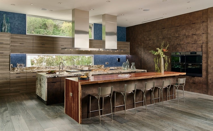 modern luxurious kitchen with redwood furniture and bar stools