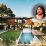 Grammy Award-winning singer Lizzo & her house in Los Angeles, with the pool in front