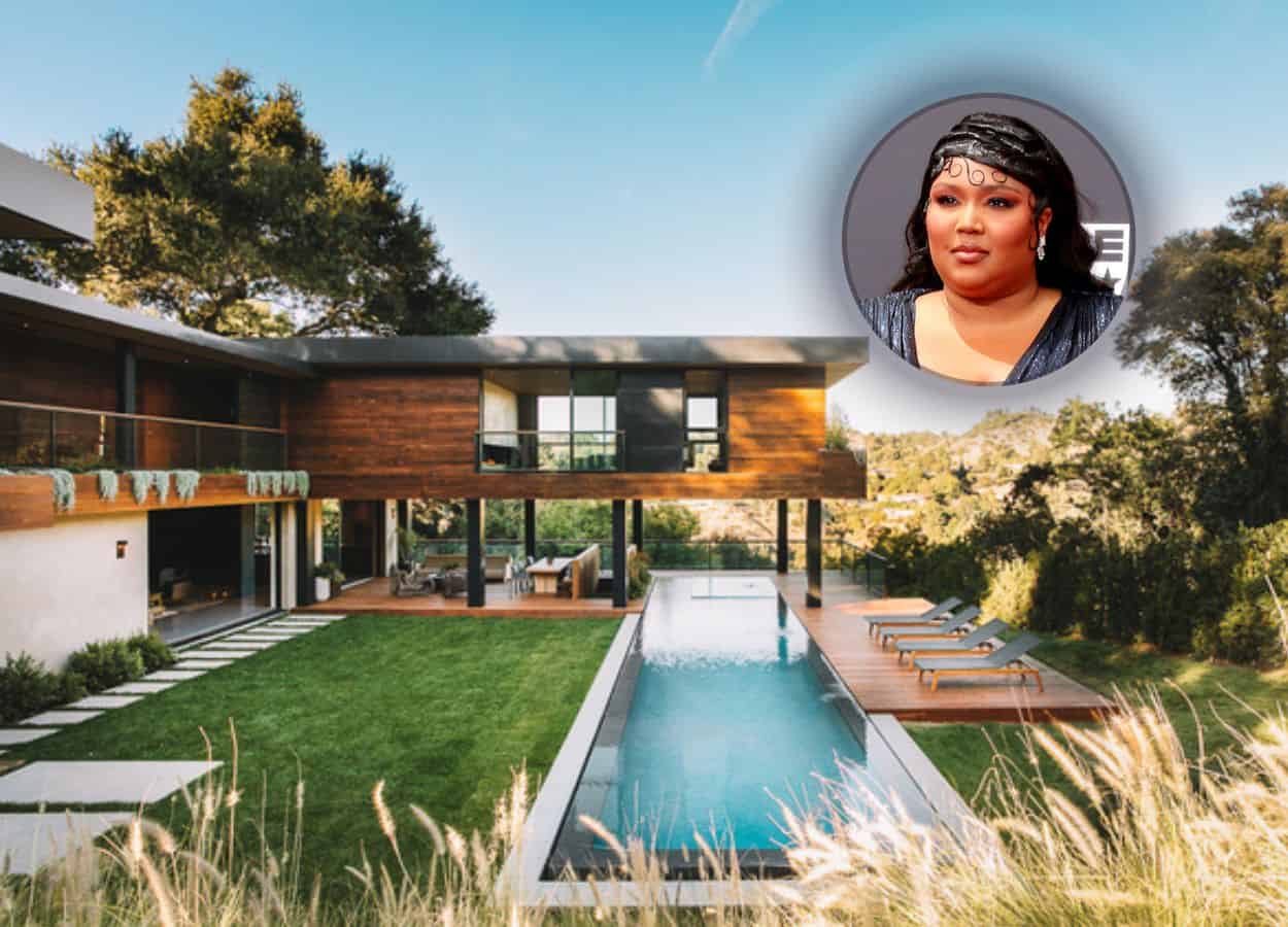 Grammy Award-winning singer Lizzo & her house in Los Angeles, with the pool in front