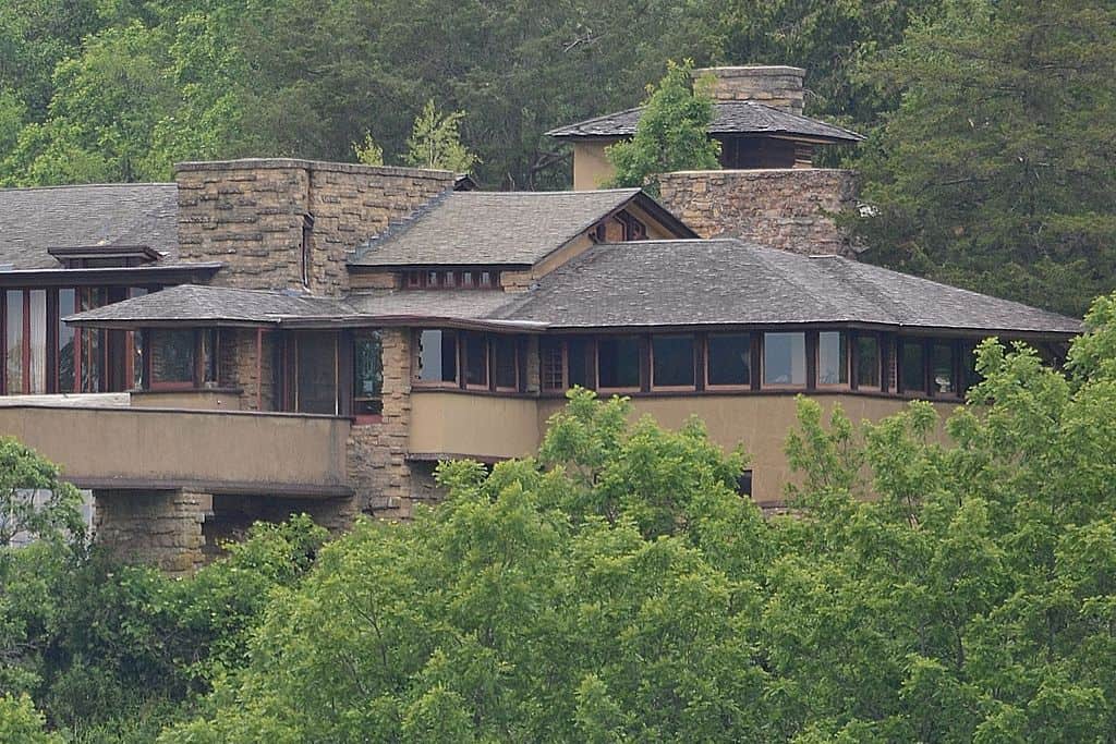 A closer look at Taliesin, Wisconsin, showing the windows and roof of the architectural house designed by Frank Lloyd Wright