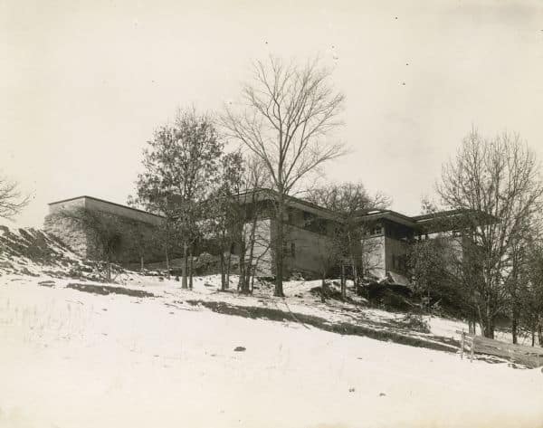 The earliest known image of Taliesin I, a black and white photo taken in the winter of its construction in 1911-12 showing the Southwest elevation of the property