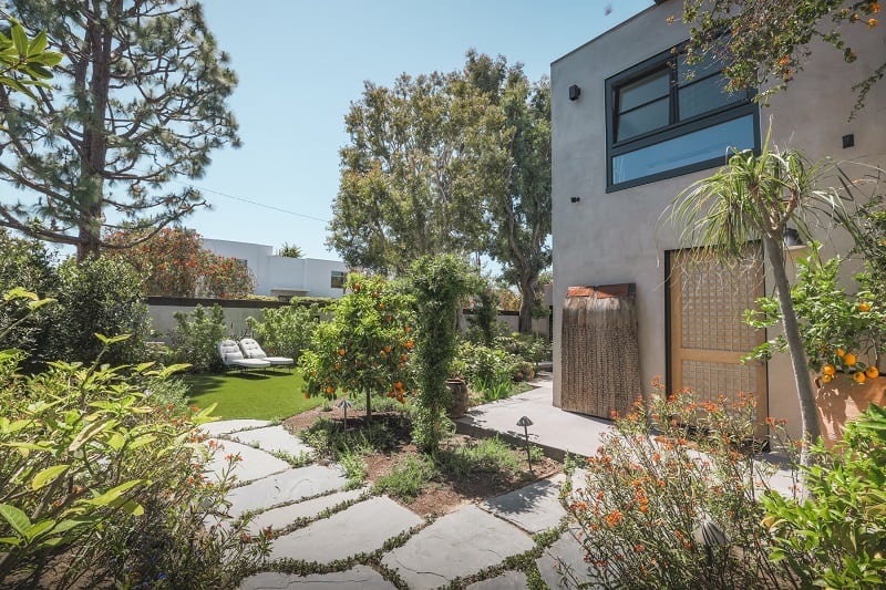 garden on the side of the house with roses, bushes, and trees