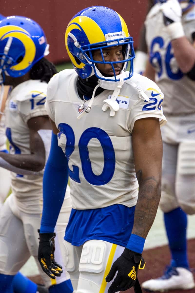 Jalen Ramsey, former cornerback with the Los Angeles Rams during a game against the Washington Football Team at FedEx Field in Landover, Maryland on October 11, 2020. 