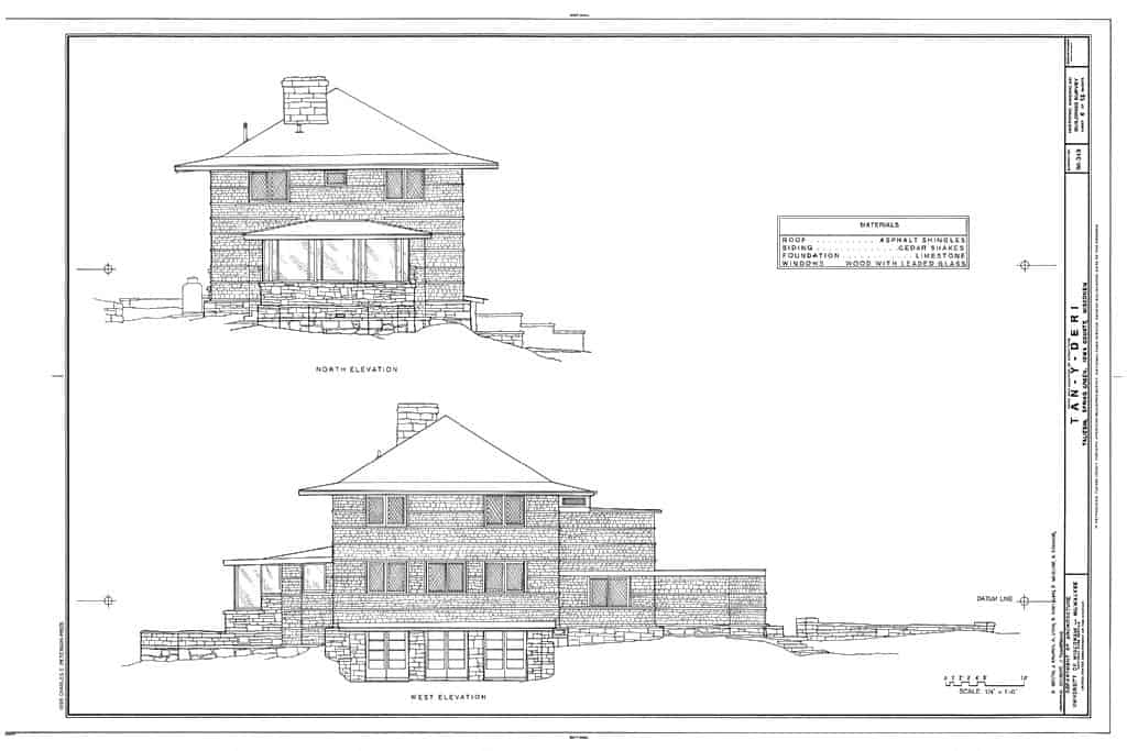 black-and-white sketches of Frank Lloyd Wright's Taliesin house, both North and West elevation