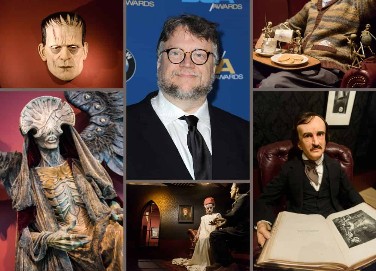 horror-inspired collector artifacts inside director Guillermo del Toro's house, including a Frankenstein head, a creature with no face, and a life-sized realistic statue of Edgar Allan Poe 