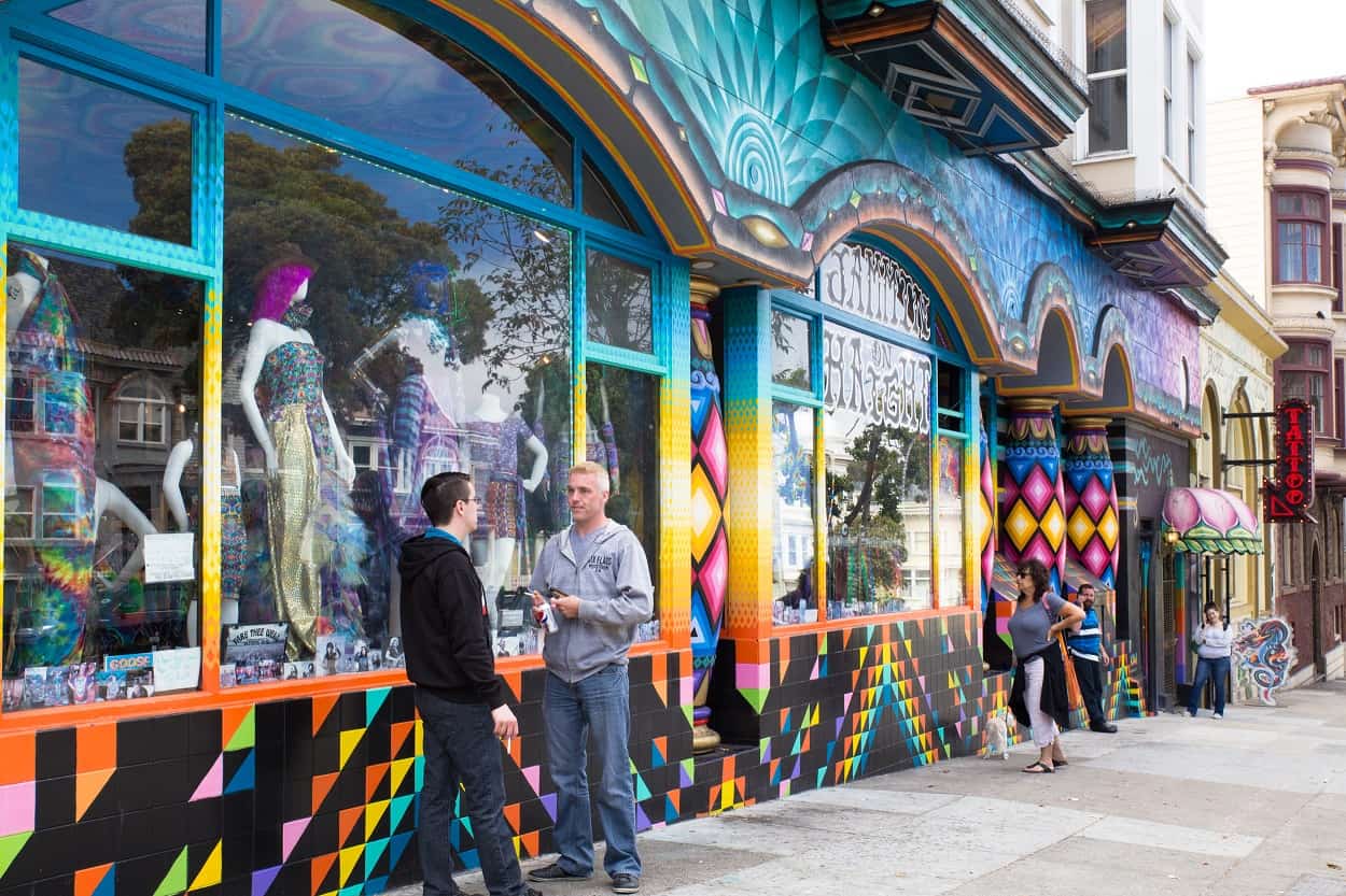 people chatting in front of a storefront in San Francisco's Haight-Ashbury neighborhood