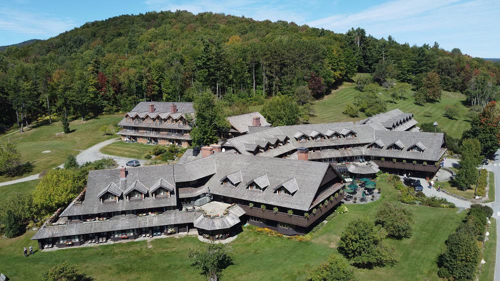 Aerial view of the massive 96-room von Trapp Family Lodge.