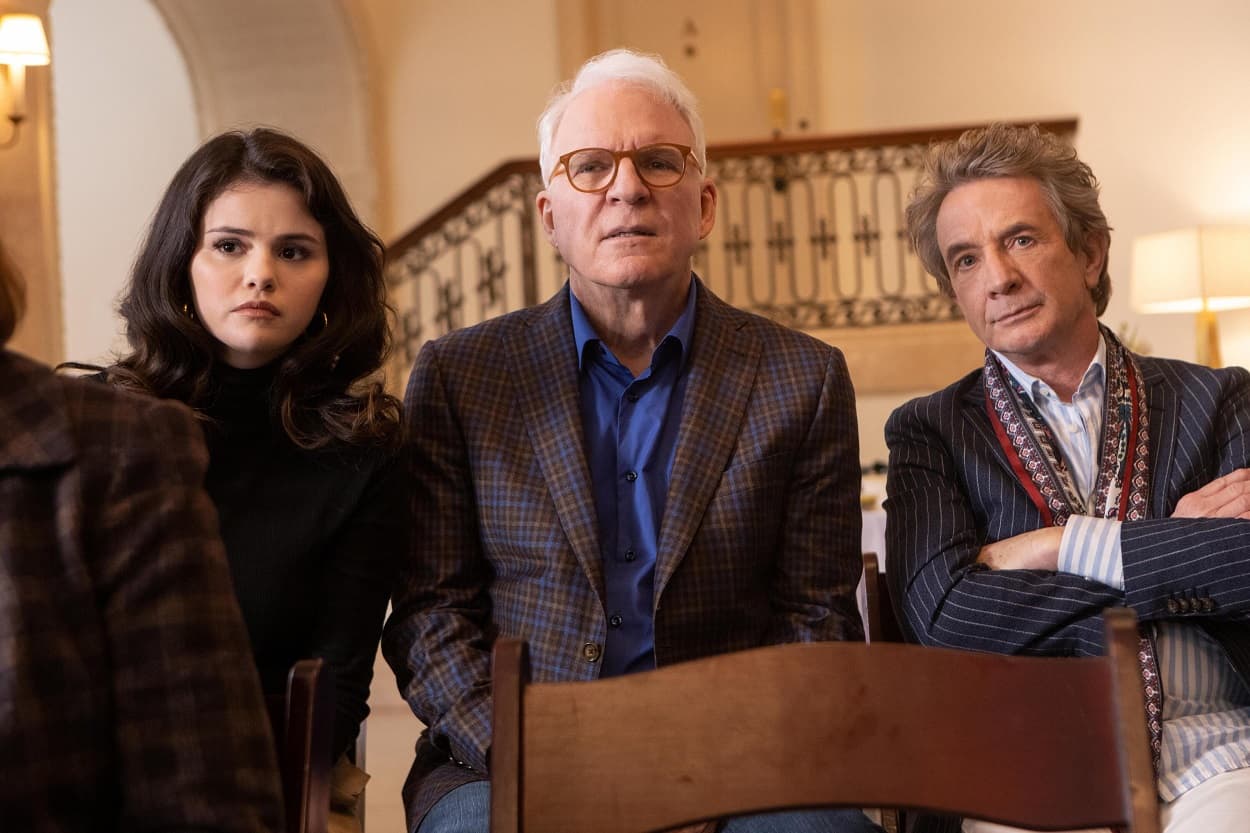 Only Murders In The Building -- "Who Is Tim Kono?" - Episode 102. Mabel (Selena Gomez), Oliver (Martin Short), and Charles (Steve Martin), shown.