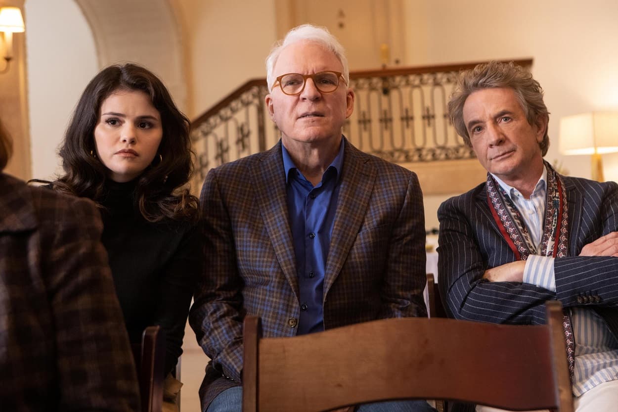 Only Murders In The Building -- "Who Is Tim Kono?" - Episode 102. Mabel (Selena Gomez), Oliver (Martin Short), and Charles (Steve Martin), shown. 