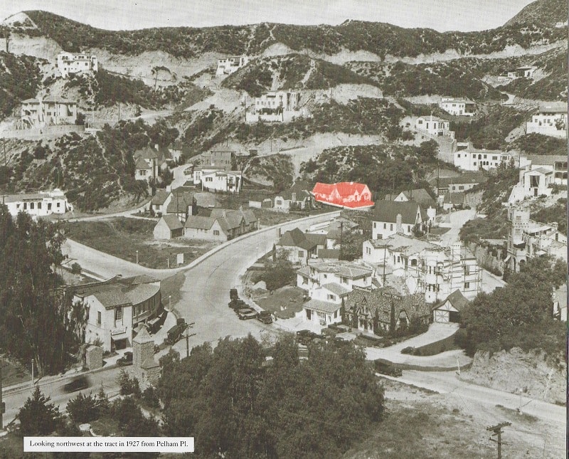 Old black-and-white news clipping showing an aerial view of the Hollywoodland housing development, with the house marked in red. Image courtesy of Compass