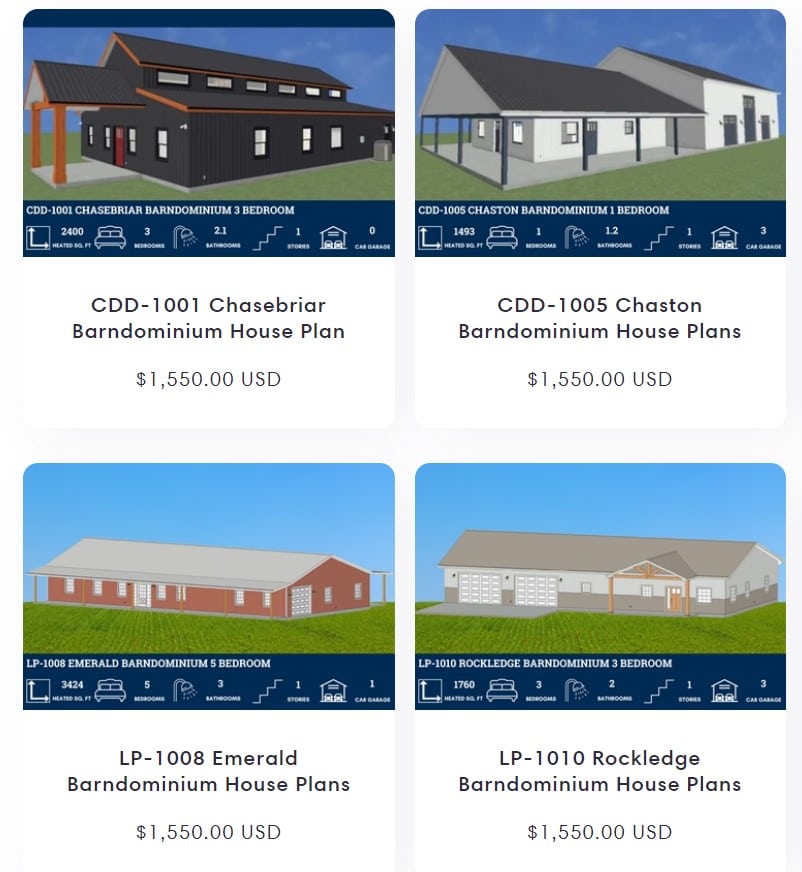 Barndominium building plans with prices.