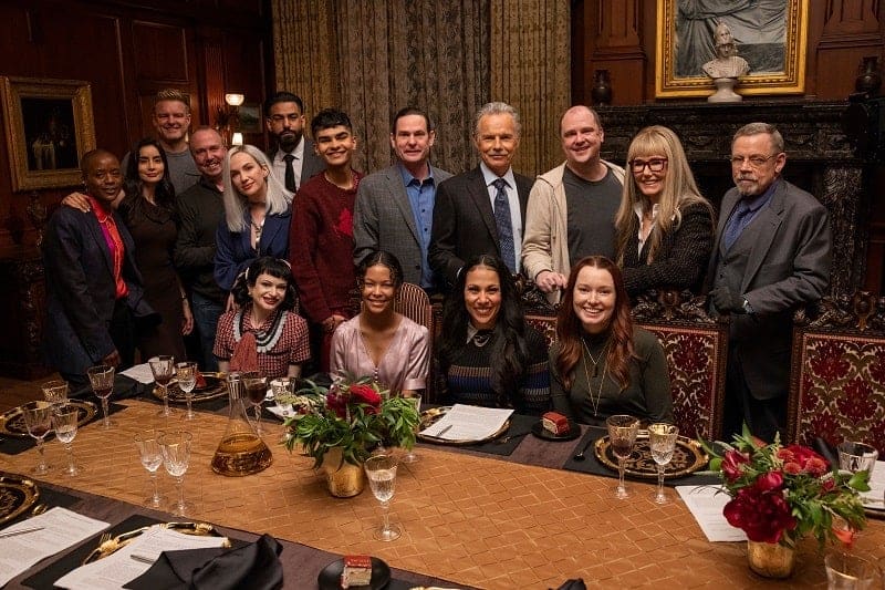 The Fall of the House of Usher. (L to R) T'Nia Miller as Victorine LaFourcade, Paola Nuñez as Dr. Alessandra Ruiz, Matt Biedel as Bill-T Wilson, Executive Producer Trevor Macy, Kate Siegel as Camille L'Espanaye, Ruth Codd as Juno Usher, Rahul Kohli as Napoleon Usher, Sauriyan Sapkota as Prospero Usher, Kyliegh Curran as Lenore Usher, Henry Thomas as Frederick Usher, Crystal Balint as Morella Usher, Bruce Greenwood as Roderick Usher, Executive Producer/Director Mike Flanagan, Samantha Sloyan as Tamerlane Usher, Mary McDonnell as Madeline Usher, Mark Hamill as Arthur Pym in episode 101 of The Fall of the House of Usher.