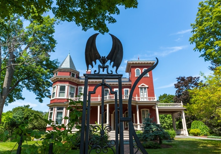 Detail of the gate with the house in the background