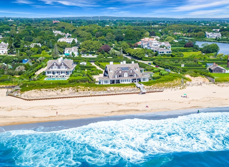 Aerial view of La Dune's two houses at 366 & 376 Gin Lane, Southampton NY. Photo credit: Sotheby’s Concierge Auctions / Gavin Zeigler