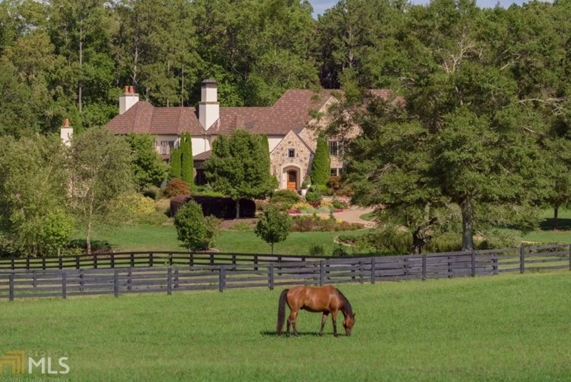 Dwayne 'The Rock' Johnson's house & equestrian estate, with a horse roaming on the grounds of the property