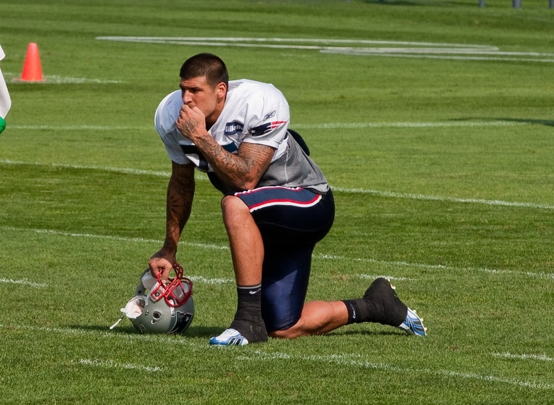 football player Aaron Hernandez at training camp in Foxborough, MA in August 2011