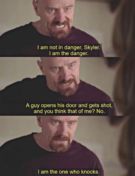 Breaking Bad scene showing Bryan Cranston as Walter White in a memorable scene where he says that "I am the one who knocks"