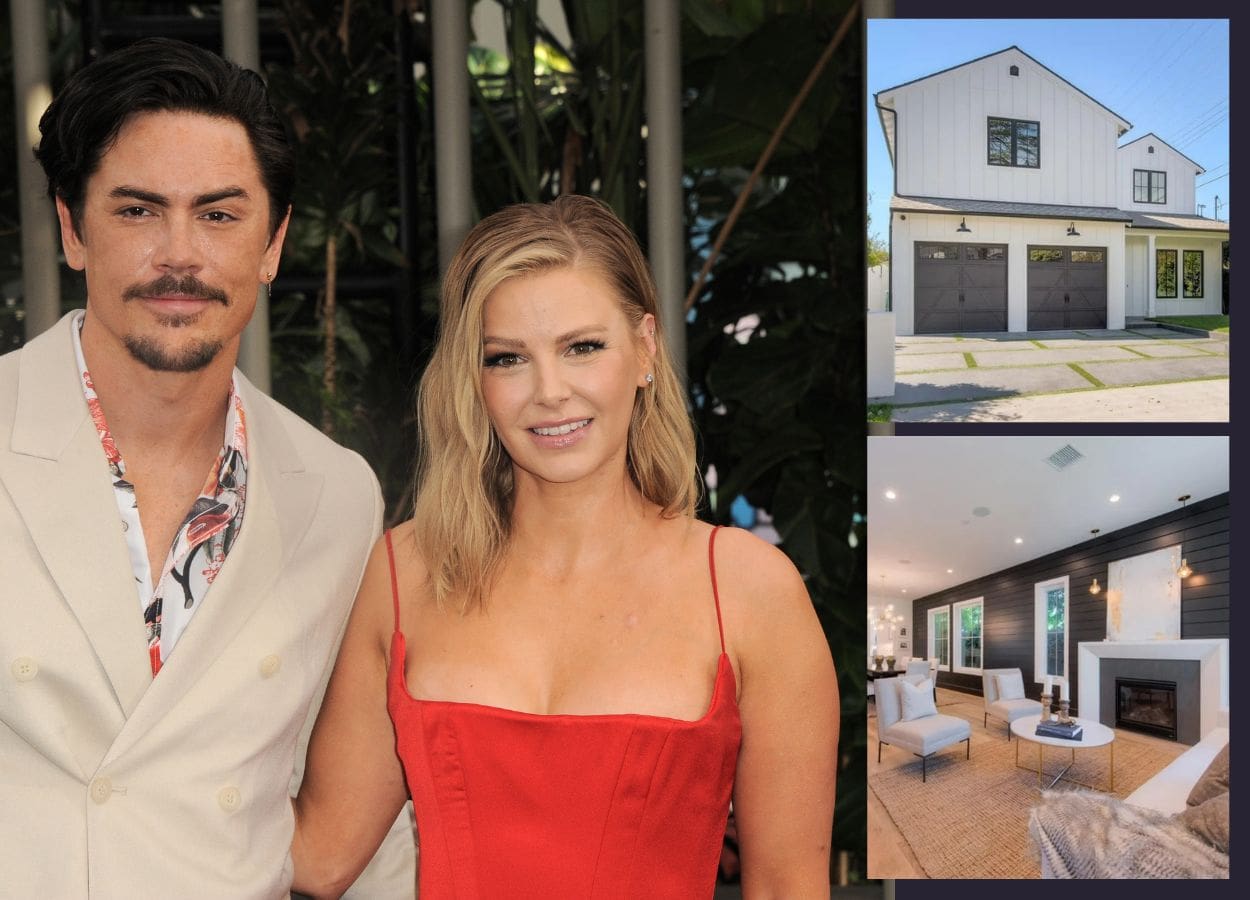Former 'Vanderpump Rules' couple Tom Sandoval and Ariana Madix and the house the two still share. Photo credit: Tinseltown / Shutterstock, insert Realtor.com
