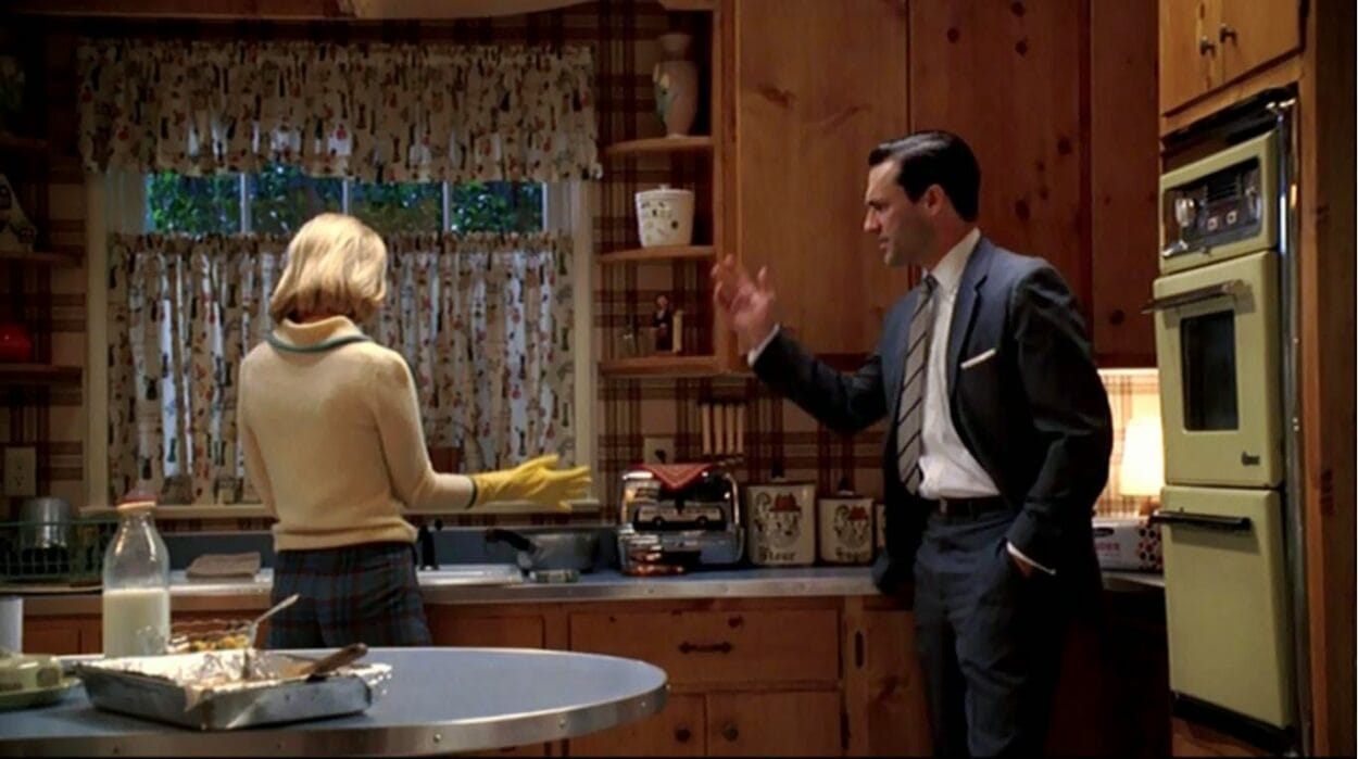 January Jones and Jon Hamm in Mad Men, in a scene filmed in the kitchen